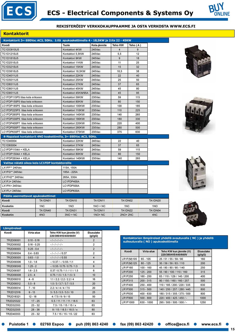 240Vac 9 18 TC1D2510U5 Kontaktori 11KW 240Vac 11 25 TC1D3210U5 Kontaktori 15KW 240Vac 15 32 TC1D3810U5 Kontaktori 18,5KW 240Vac 18,5 38 TC1D4011U5 Kontaktori 22KW 240Vac 22 40 TC1D5011U5 Kontaktori