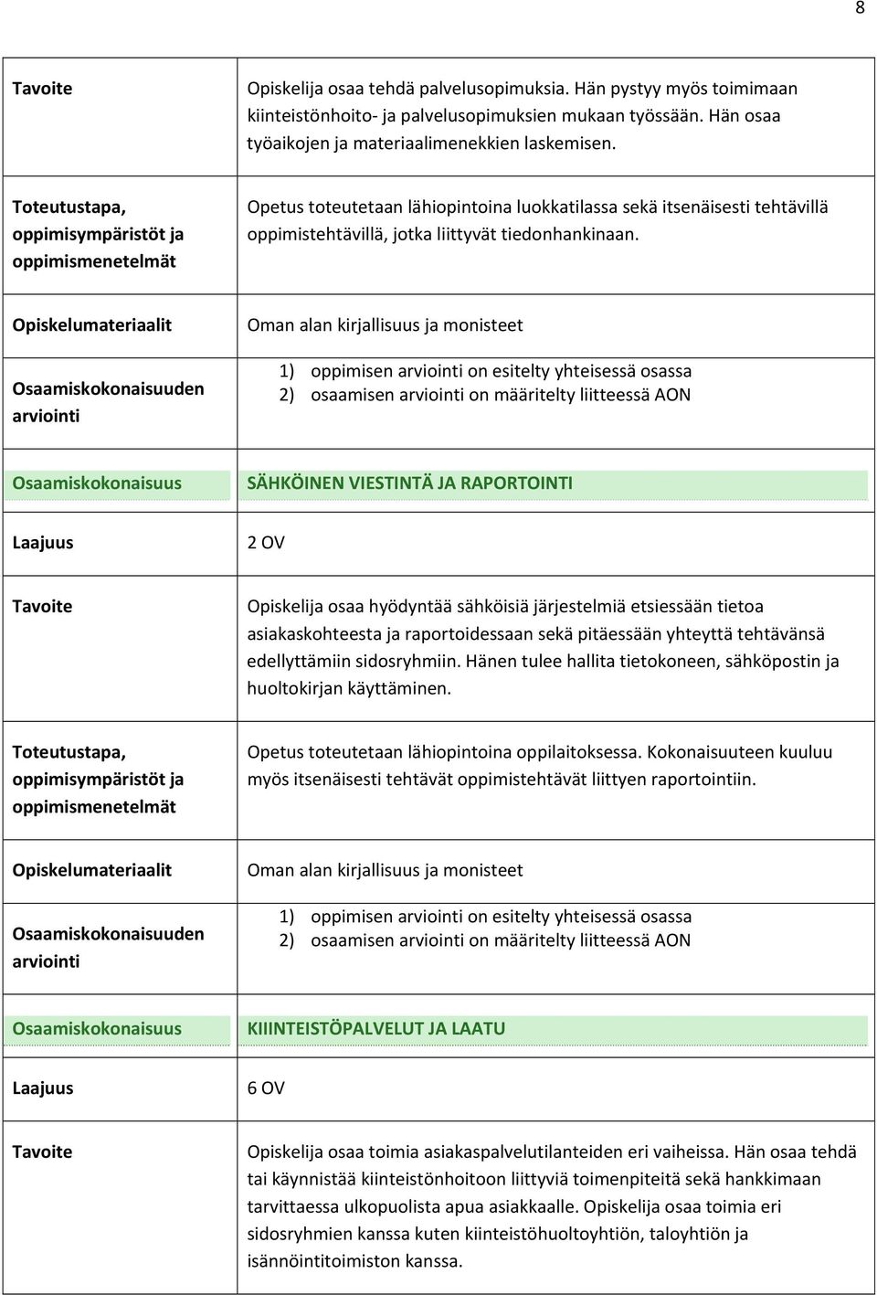 Oman alan kirjallisuus ja monisteet 2) osaamisen on määritelty liitteessä AON SÄHKÖINEN VIESTINTÄ JA RAPORTOINTI 2 OV Opiskelija osaa hyödyntää sähköisiä järjestelmiä etsiessään tietoa