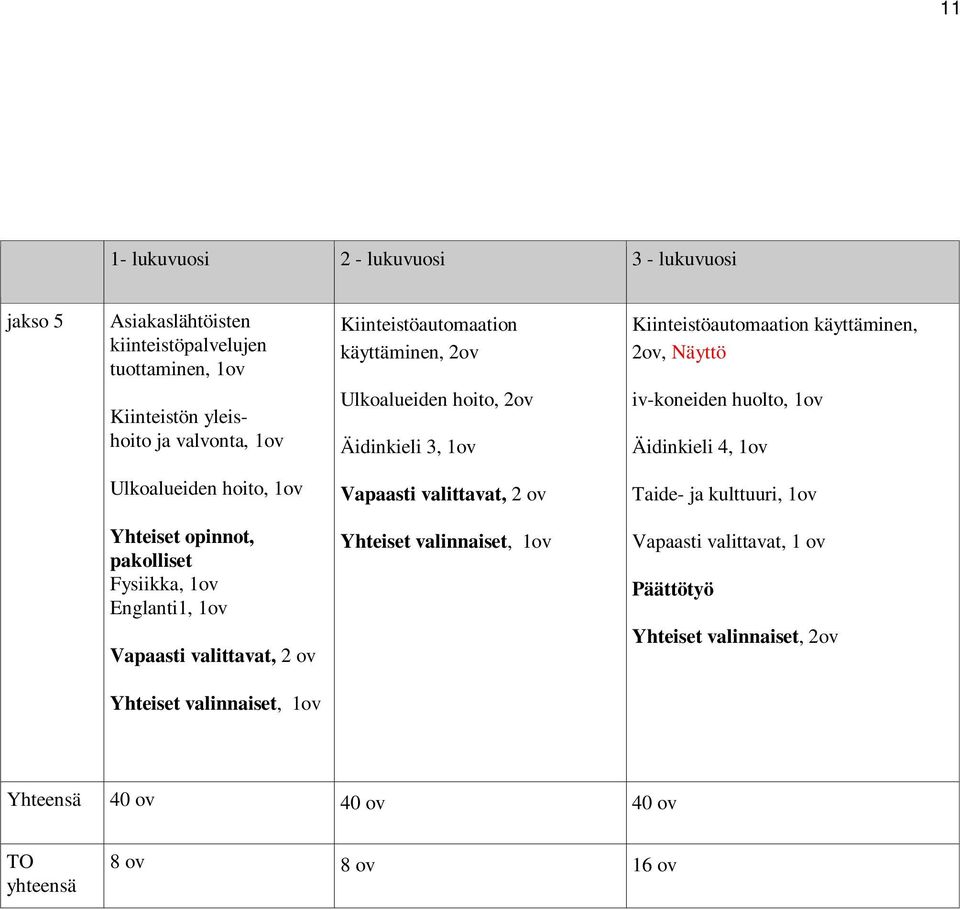 Äidinkieli 4, 1ov Ulkoalueiden hoito, 1ov Vapaasti valittavat, 2 ov Taide- ja kulttuuri, 1ov Yhteiset opinnot, pakolliset Fysiikka, 1ov Englanti1, 1ov Vapaasti
