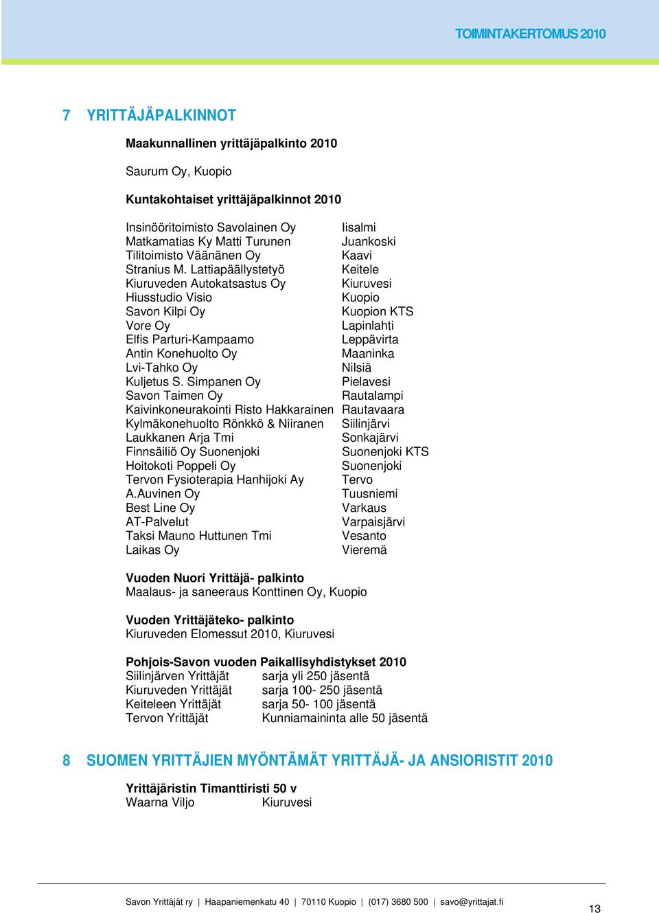 Lattiapäällystetyö Keitele Kiuruveden Autokatsastus Oy Kiuruvesi Hiusstudio Visio Savon Kilpi Oy n KTS Vore Oy Lapinlahti Elfis Parturi-Kampaamo Leppävirta Antin Konehuolto Oy Maaninka Lvi-Tahko Oy