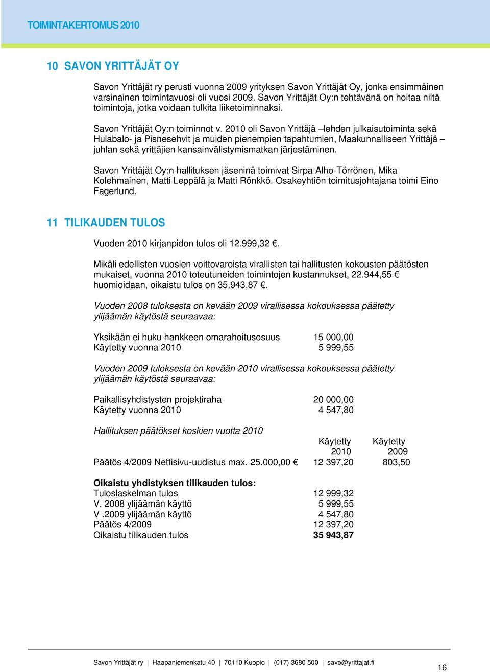 2010 oli Savon Yrittäjä lehden julkaisutoiminta sekä Hulabalo- ja Pisnesehvit ja muiden pienempien tapahtumien, Maakunnalliseen Yrittäjä juhlan sekä yrittäjien kansainvälistymismatkan järjestäminen.