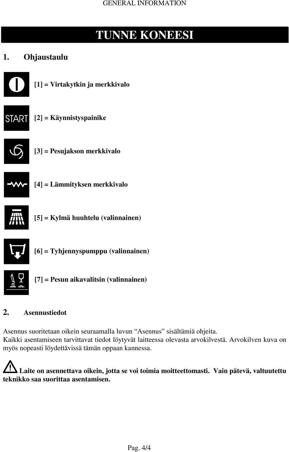 [6] = Tyhjennyspumppu (valinnainen) [7] = Pesun aikavalitsin (valinnainen) 2.