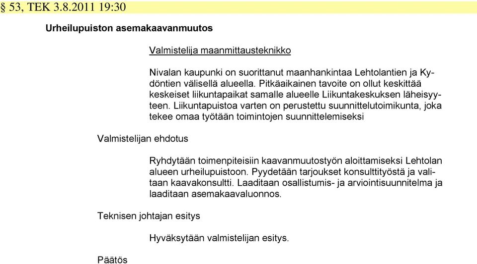 alueella. Pitkäaikainen tavoite on ollut keskittää keskeiset liikuntapaikat samalle alueelle Liikuntakeskuksen läheisyyteen.