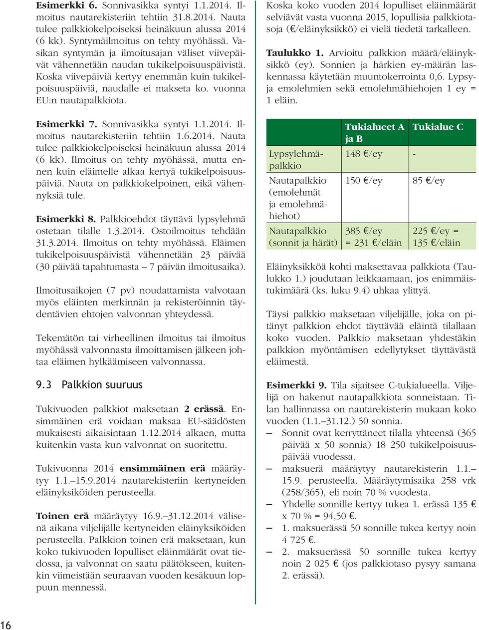 vuonna EU:n nautapalkkiota. Esimerkki 7. Sonnivasikka syntyi 1.1.2014. Ilmoitus nautarekisteriin tehtiin 1.6.2014. Nauta tulee palkkiokelpoiseksi heinäkuun alussa 2014 (6 kk).