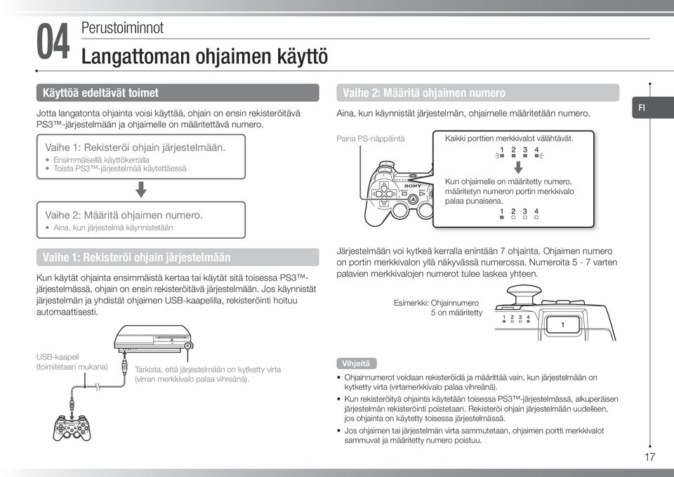 Aina, kun järjestelmä käynnistetään Vaihe 1: Rekisteröi ohjain järjestelmään Kun käytät ohjainta ensimmäistä kertaa tai käytät sitä toisessa PS3 järjestelmässä, ohjain on ensin rekisteröitävä