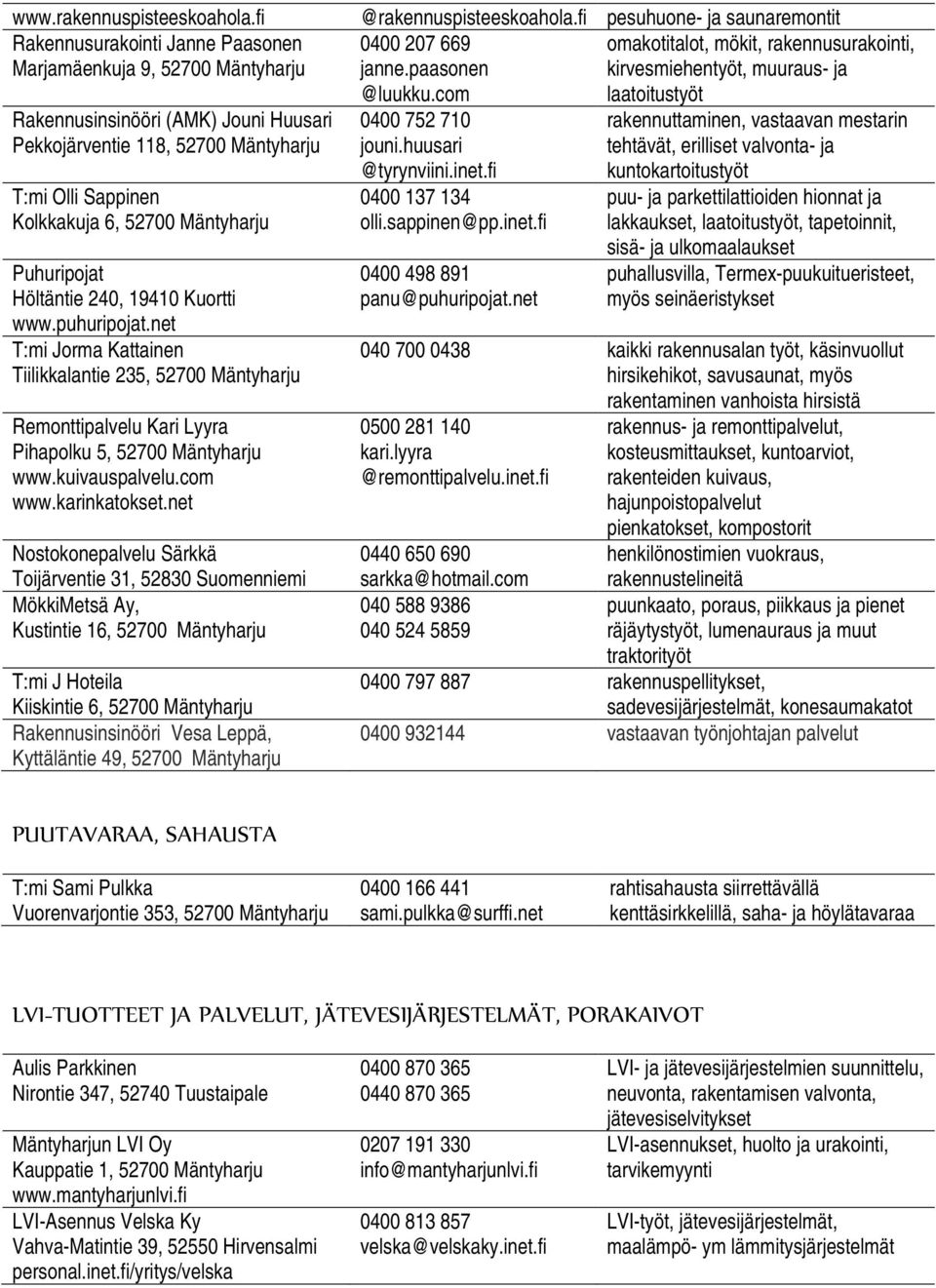 Puhuripojat Höltäntie 240, 19410 Kuortti www.puhuripojat.net T:mi Jorma Kattainen Tiilikkalantie 235, 52700 Mäntyharju Remonttipalvelu Kari Lyyra Pihapolku 5, 52700 Mäntyharju www.kuivauspalvelu.