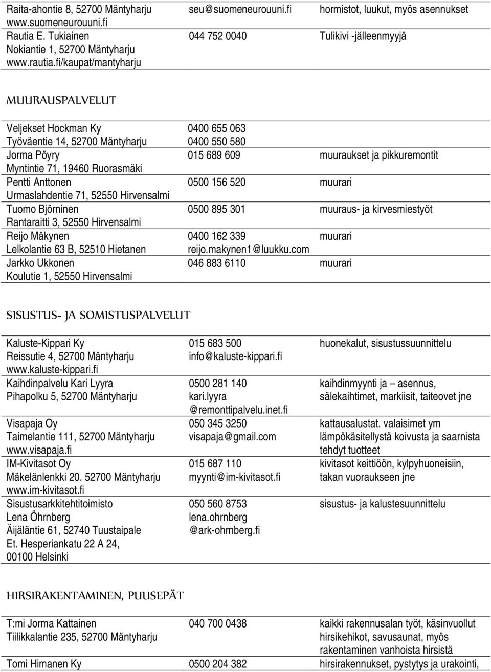 Anttonen Urmaslahdentie 71, 52550 Hirvensalmi Tuomo Björninen Rantaraitti 3, 52550 Hirvensalmi Reijo Mäkynen Lelkolantie 63 B, 52510 Hietanen Jarkko Ukkonen Koulutie 1, 52550 Hirvensalmi 0400 655 063