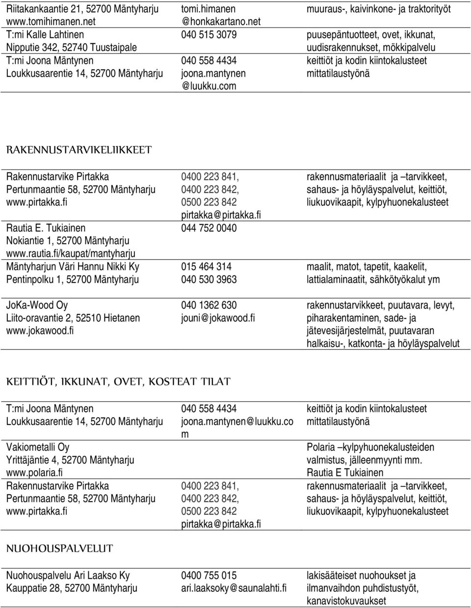 mantynen mittatilaustyönä @luukku.com RAKENNUSTARVIKELIIKKEET Rakennustarvike Pirtakka Pertunmaantie 58, 52700 Mäntyharju www.pirtakka.fi Rautia E. Tukiainen Nokiantie 1, 52700 Mäntyharju www.rautia.