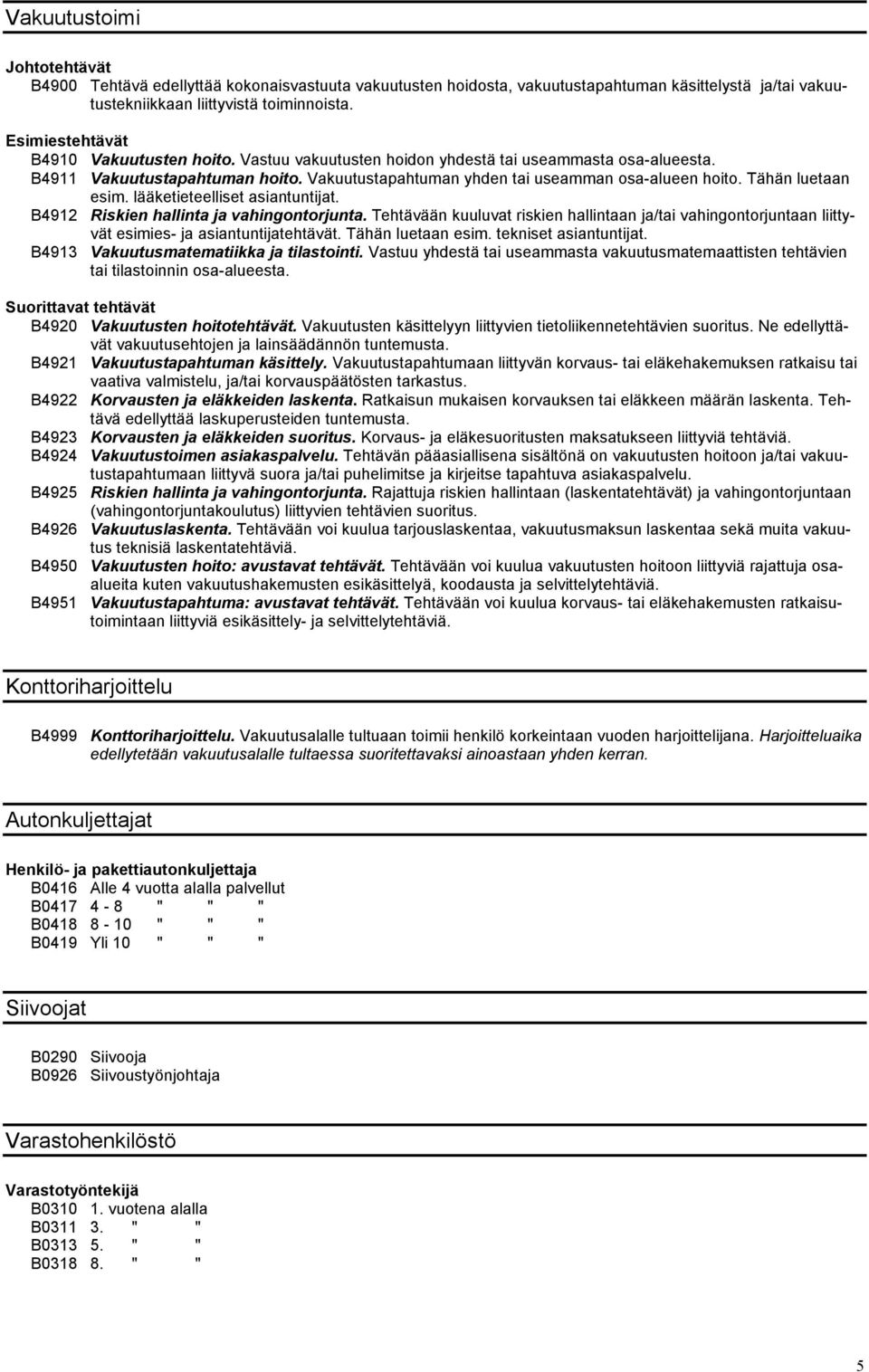 lääketieteelliset asiantuntijat. B4912 Riskien hallinta ja vahingontorjunta. Tehtävään kuuluvat riskien hallintaan ja/tai vahingontorjuntaan liittyvät esimies- ja asiantuntijatehtävät.