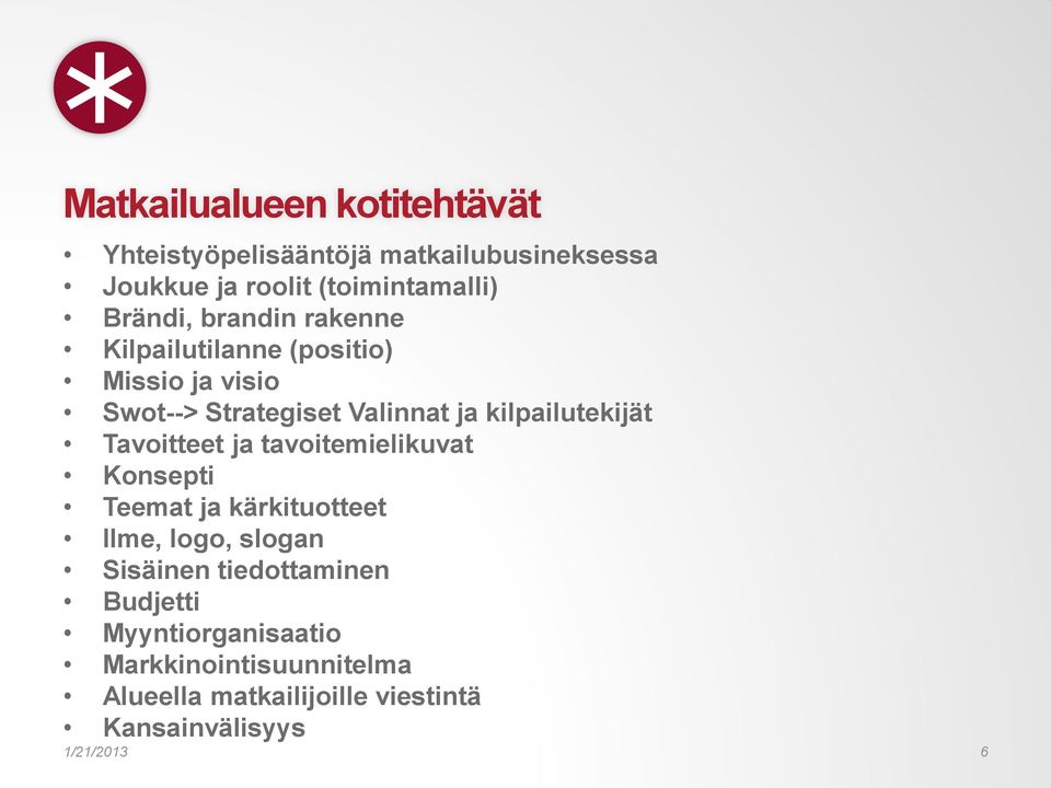 kilpailutekijät Tavoitteet ja tavoitemielikuvat Konsepti Teemat ja kärkituotteet Ilme, logo, slogan Sisäinen