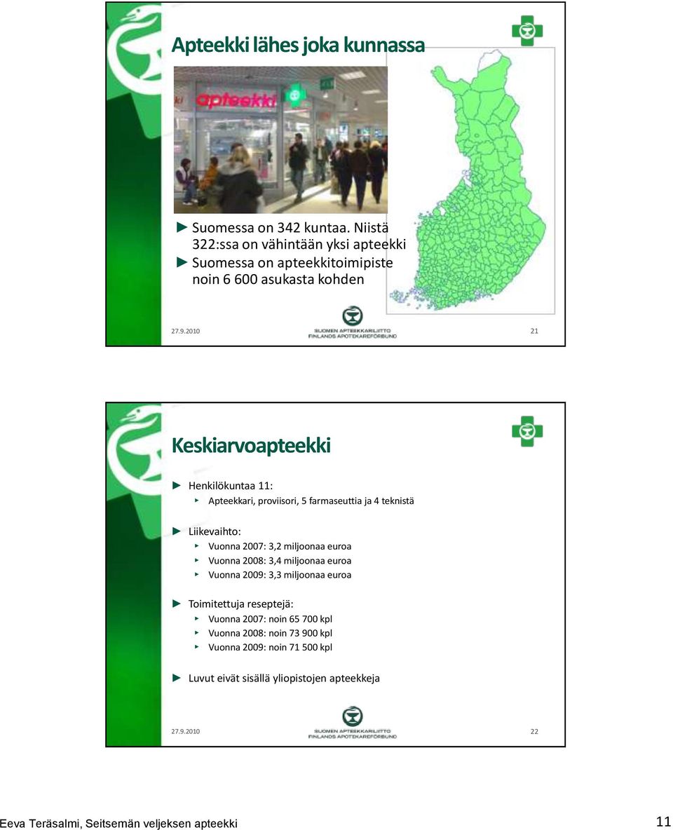 2010 21 Keskiarvoapteekki Henkilökuntaa 11: Apteekkari, proviisori, 5 farmaseuttia ja 4 teknistä Liikevaihto: Vuonna 2007: 3,2 miljoonaa euroa