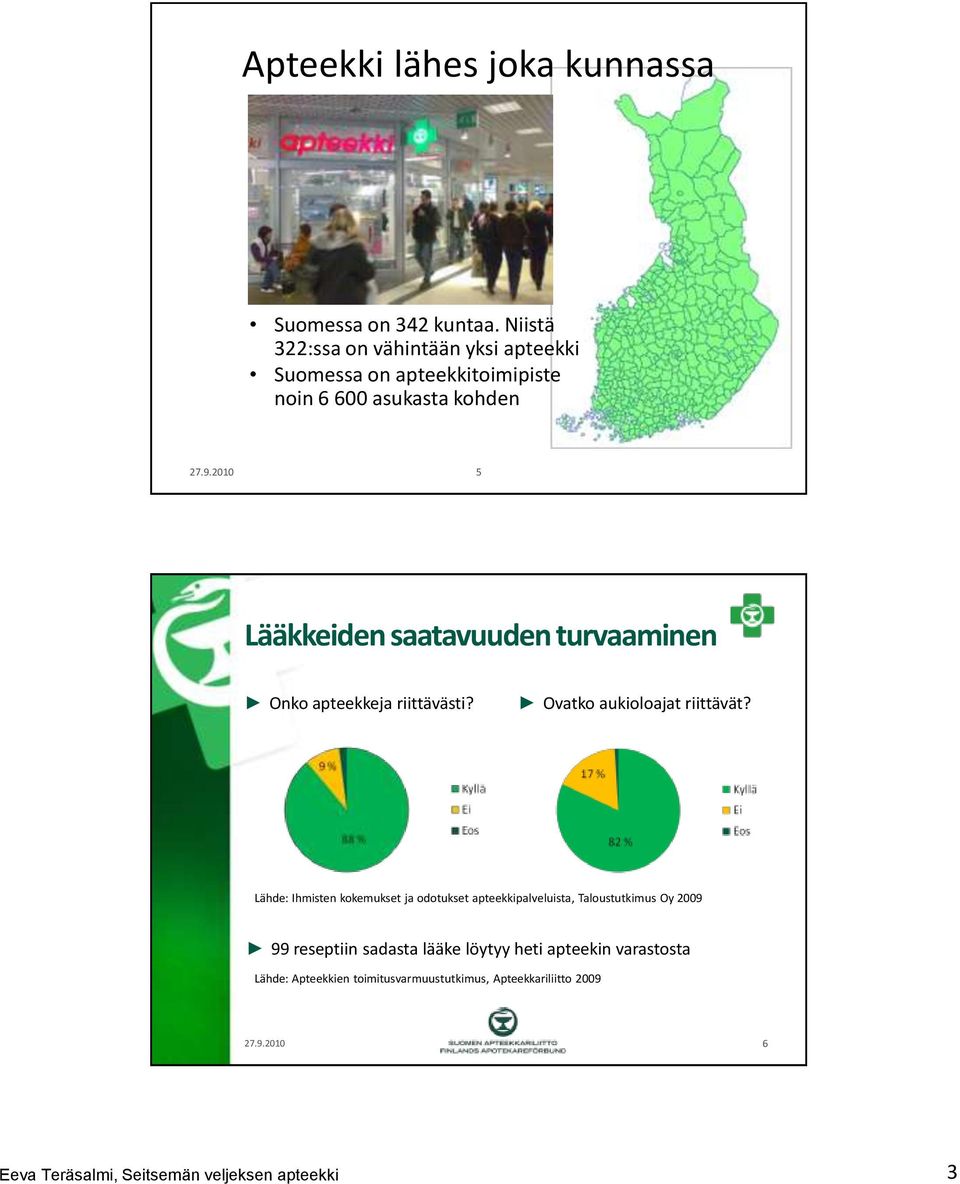 2010 5 Lääkkeiden saatavuuden turvaaminen Onko apteekkeja riittävästi? Ovatko aukioloajat riittävät?