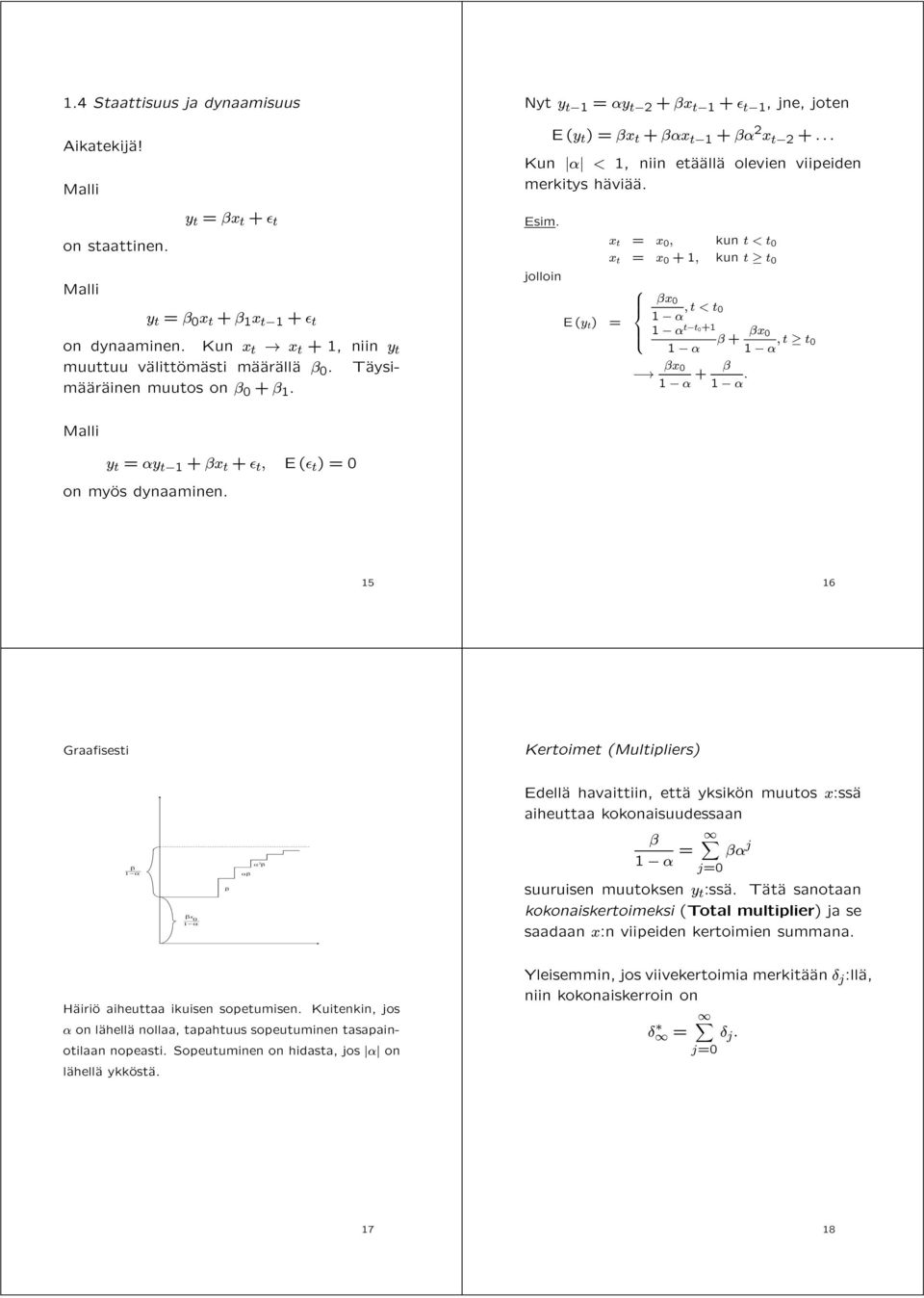 jolloin E(y t ) = x t = x 0, kun t<t 0 x t = x 0 +1, kun t t 0 x 0 1,t<t 0 1 tt0+1 1 x 0 1 + 1. + x 0 1,t t 0 Malli y t = y t1 + x t + t, E( t )=0 on myäos dynaaminen.