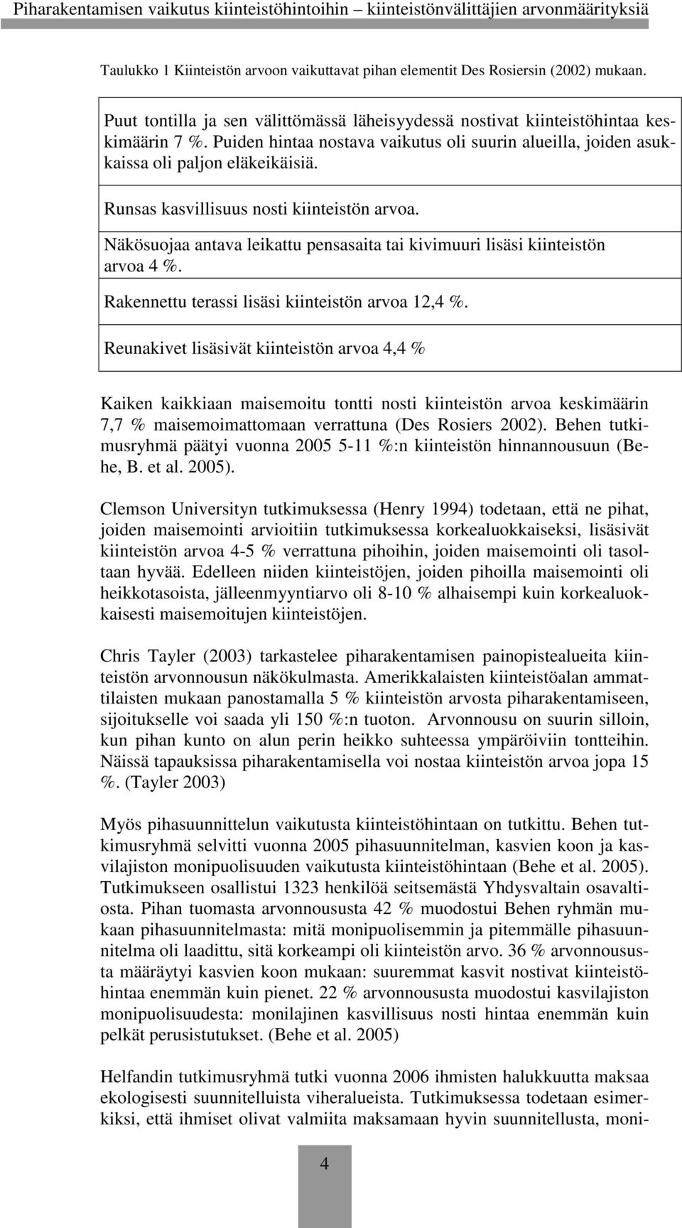 Näkösuojaa antava leikattu pensasaita tai kivimuuri lisäsi kiinteistön arvoa 4 %. Rakennettu terassi lisäsi kiinteistön arvoa 12,4 %.