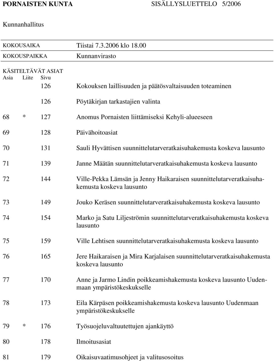 liittämiseksi Kehylialueeseen 69 128 Päivähoitoasiat 70 131 Sauli Hyvättisen suunnittelutarveratkaisuhakemusta koskeva lausunto 71 139 Janne Määtän suunnittelutarveratkaisuhakemusta koskeva lausunto