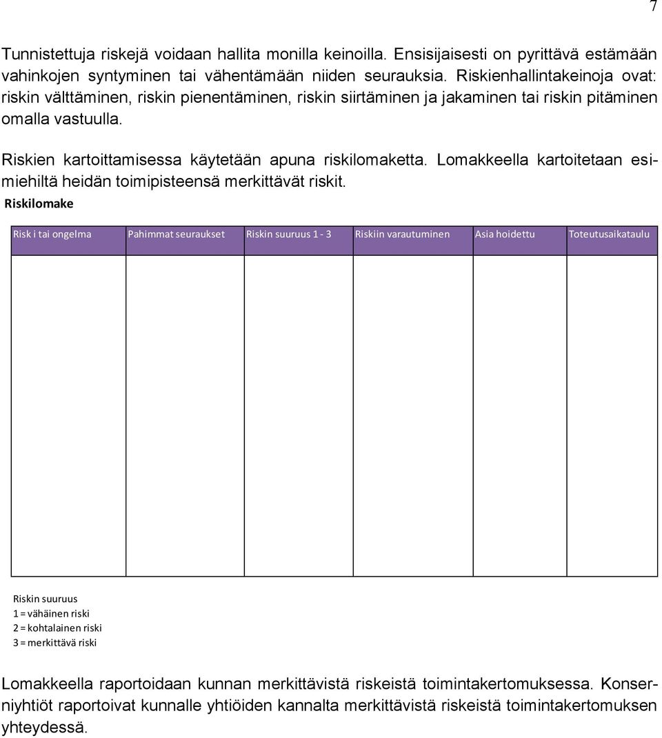 Lomakkeella kartoitetaan esimiehiltä heidän toimipisteensä merkittävät riskit.