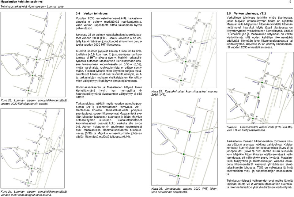 Kuvassa 25 on esitetty kaistakohtaiset kuormitusasteet vuonna 2030 (IHT). Lisäksi kuvassa 6 on esitetty keskimääräiset jonopituudet simuloinnin perusteella vuoden 2030 IHT-tilanteessa.