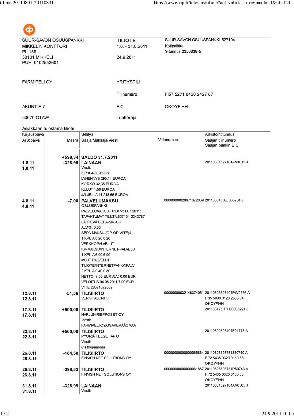 8.11 OSUUSPANKKI PALVELUMAKSUT 01.07-31.07.2011: LÄHTEVÄ SEPA-MAKSU SEPA-MAKSU (OP-OP VIITE)/I 1 KPL A 0.20 0.20 2 KPL A 0.40 0.80 NETTO: 7.00 EUR ALV: 0.00 EUR VELOITUS 04.08.2011 7.