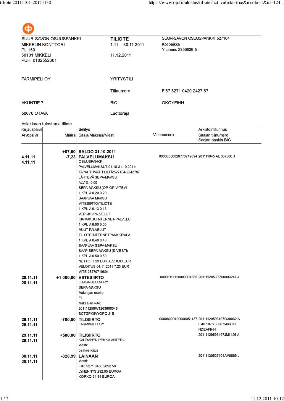 20 0.20 SAAPUVA MAKSU VIITESIIRTO/TILIOTE 1 KPL A 0.13 0.13 1 KPL A 0.40 0.40 SAAPUVA SEPA-MAKSU SAAP SEPA-MAKSU (S VIESTI) 1 KPL A 0.50 0.50 NETTO: 7.23 EUR ALV: 0.00 EUR VELOITUS 04.11.2011 7.