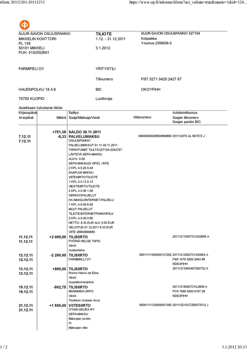 20 0.40 SAAPUVA MAKSU VIITESIIRTO/TILIOTE 1 KPL A 0.13 0.13 VIESTISIIRTO/TILIOTE 2 KPL A 0.50 1.00 2 KPL A 0.40 0.80 NETTO: 8.33 EUR ALV: 0.00 EUR VELOITUS 07.12.