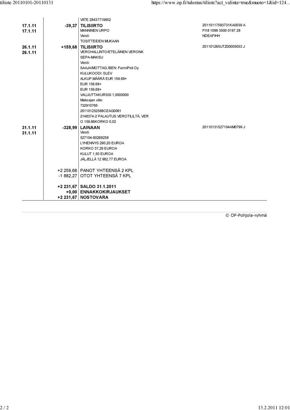 68+ EUR 159,68+ VALUUTTAKURSSI 1,0000000 Maksajan viite: 732910765 201101252588CEAG0061 2148374-2 PALAUTUS VEROTILILTÄ, VER O 159,66KORKO 0,02 31.1.11-328,99 LAINAAN 20110131527104AM0799 J 31.