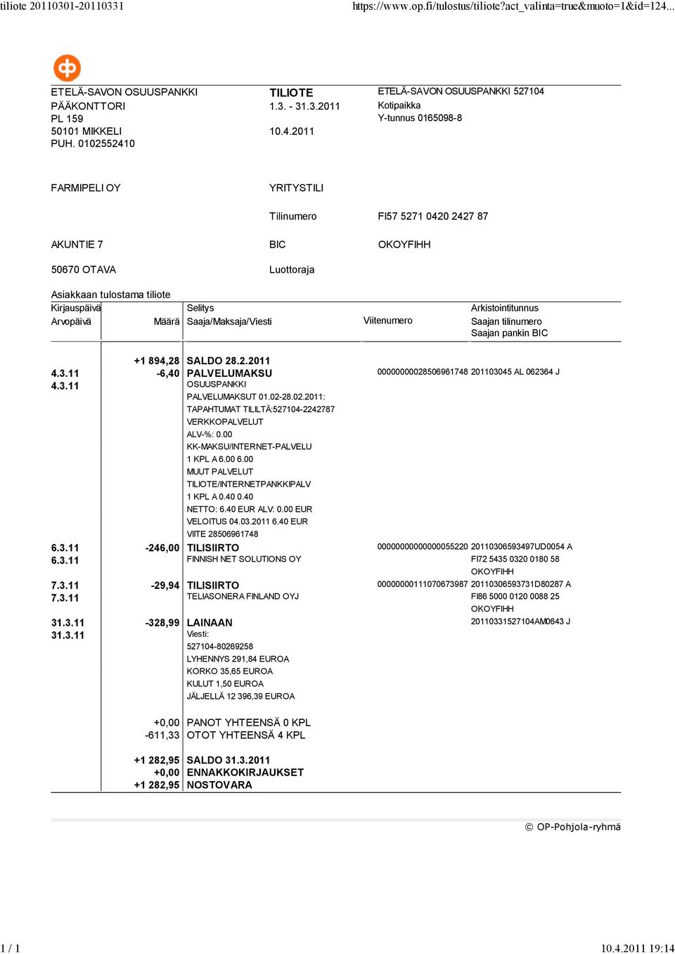 40 EUR ALV: 0.00 EUR VELOITUS 04.03.2011 6.40 EUR VIITE 28506961748 6.3.11-246,00 TILISIIRTO 00000000000000055220 20110306593497UD0054 A 6.3.11 FINNISH NET SOLUTIONS OY FI72 5435 0320 0180 58 7.3.11-29,94 TILISIIRTO 00000000111070673987 20110306593731D80287 A 7.