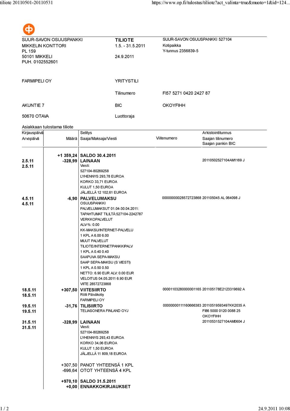 5.11 OSUUSPANKKI PALVELUMAKSUT 01.04-30.04.2011: 1 KPL A 0.40 0.40 SAAPUVA SEPA-MAKSU SAAP SEPA-MAKSU (S VIESTI) 1 KPL A 0.50 0.50 NETTO: 6.90 EUR ALV: 0.00 EUR VELOITUS 04.05.2011 6.
