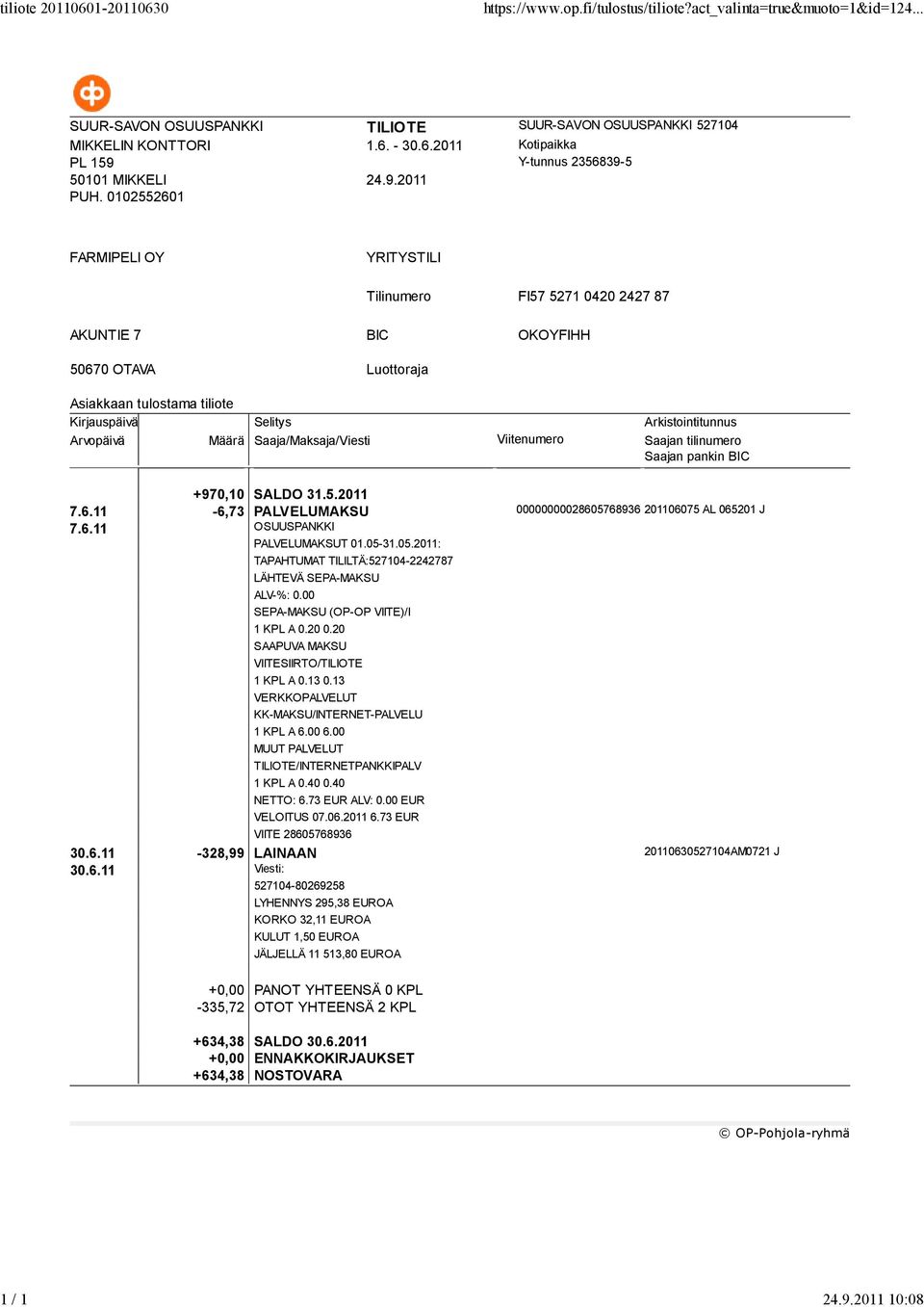 20 0.20 SAAPUVA MAKSU VIITESIIRTO/TILIOTE 1 KPL A 0.13 0.13 1 KPL A 0.40 0.40 NETTO: 6.73 EUR ALV: 0.00 EUR VELOITUS 07.06.2011 6.73 EUR VIITE 28605768936 30.6.11-328,99 LAINAAN 20110630527104AM0721 J 30.