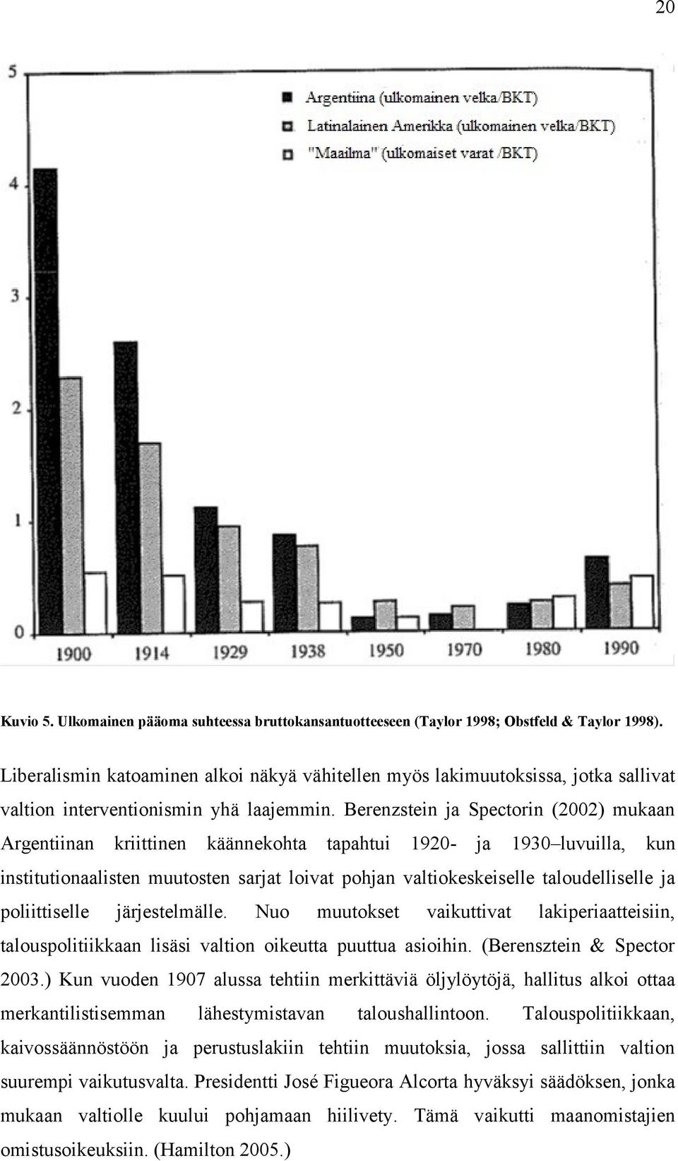 Berenzsein ja Specorin (2002) mukaan Argeniinan kriiinen käännekoha apahui 1920- ja 1930 luvuilla, kun insiuionaalisen muuosen sarja loiva pohjan valiokeskeiselle aloudelliselle ja poliiiselle