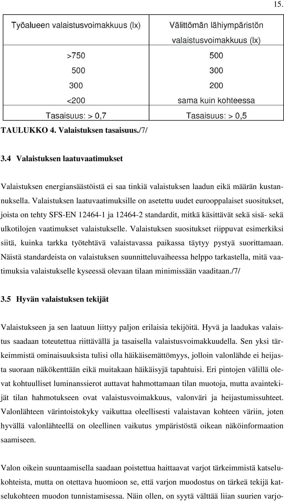 valaistukselle. Valaistuksen suositukset riippuvat esimerkiksi siitä, kuinka tarkka työtehtävä valaistavassa paikassa täytyy pystyä suorittamaan.