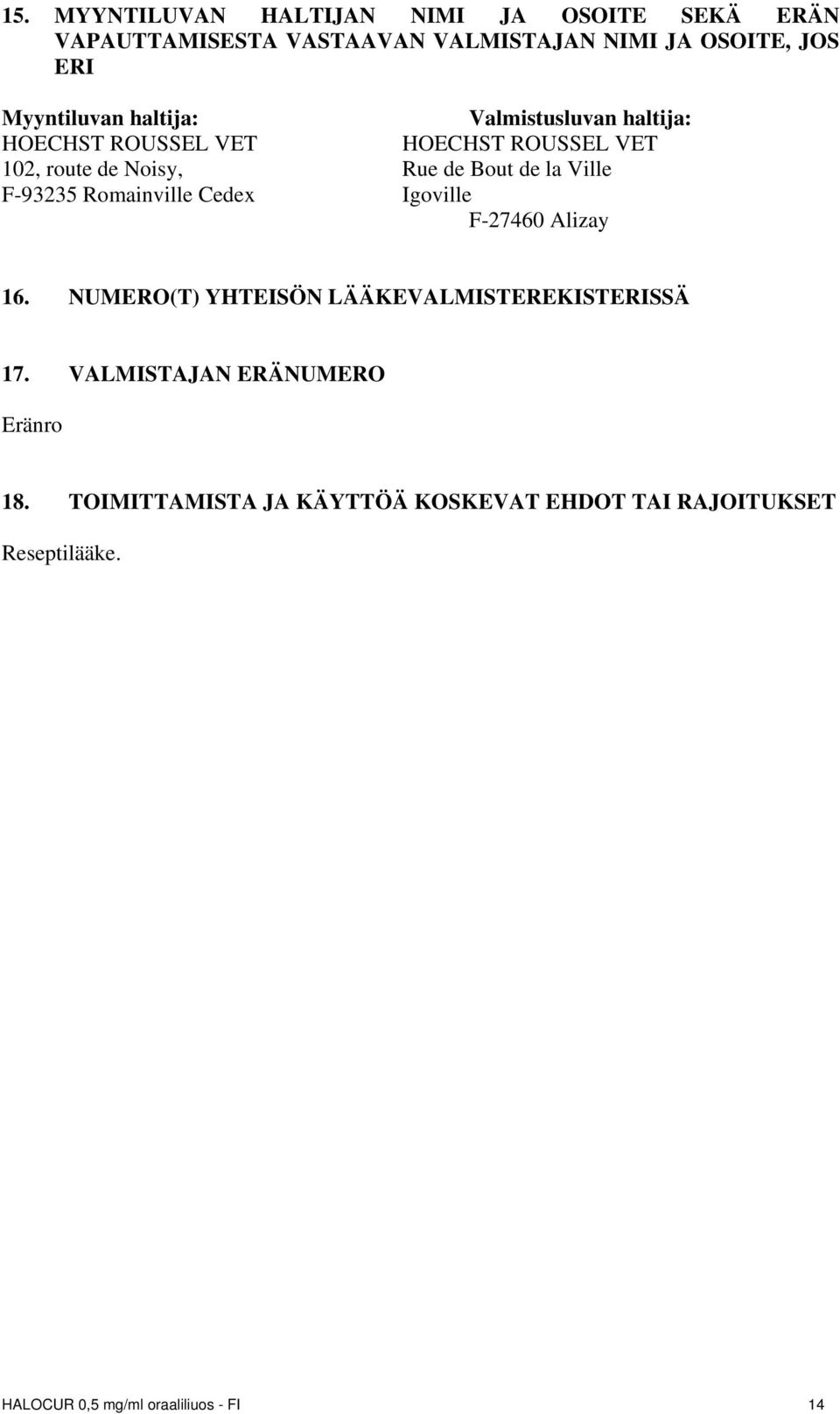 la Ville F-93235 Romainville Cedex Igoville F-27460 Alizay 16. NUMERO(T) YHTEISÖN LÄÄKEVALMISTEREKISTERISSÄ 17.