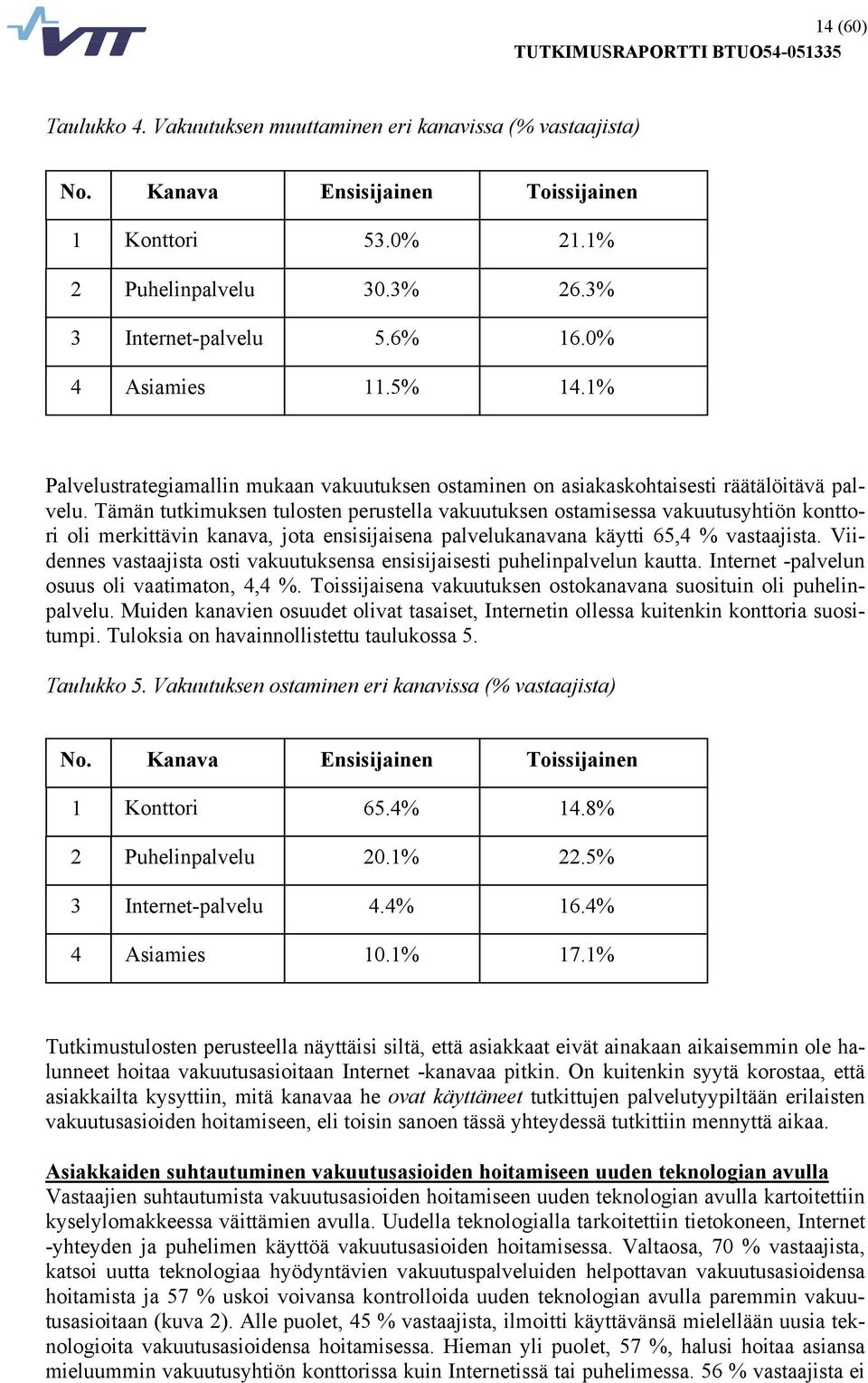 Tämän tutkimuksen tulosten perustella vakuutuksen ostamisessa vakuutusyhtiön konttori oli merkittävin kanava, jota ensisijaisena palvelukanavana käytti 65,4 % vastaajista.