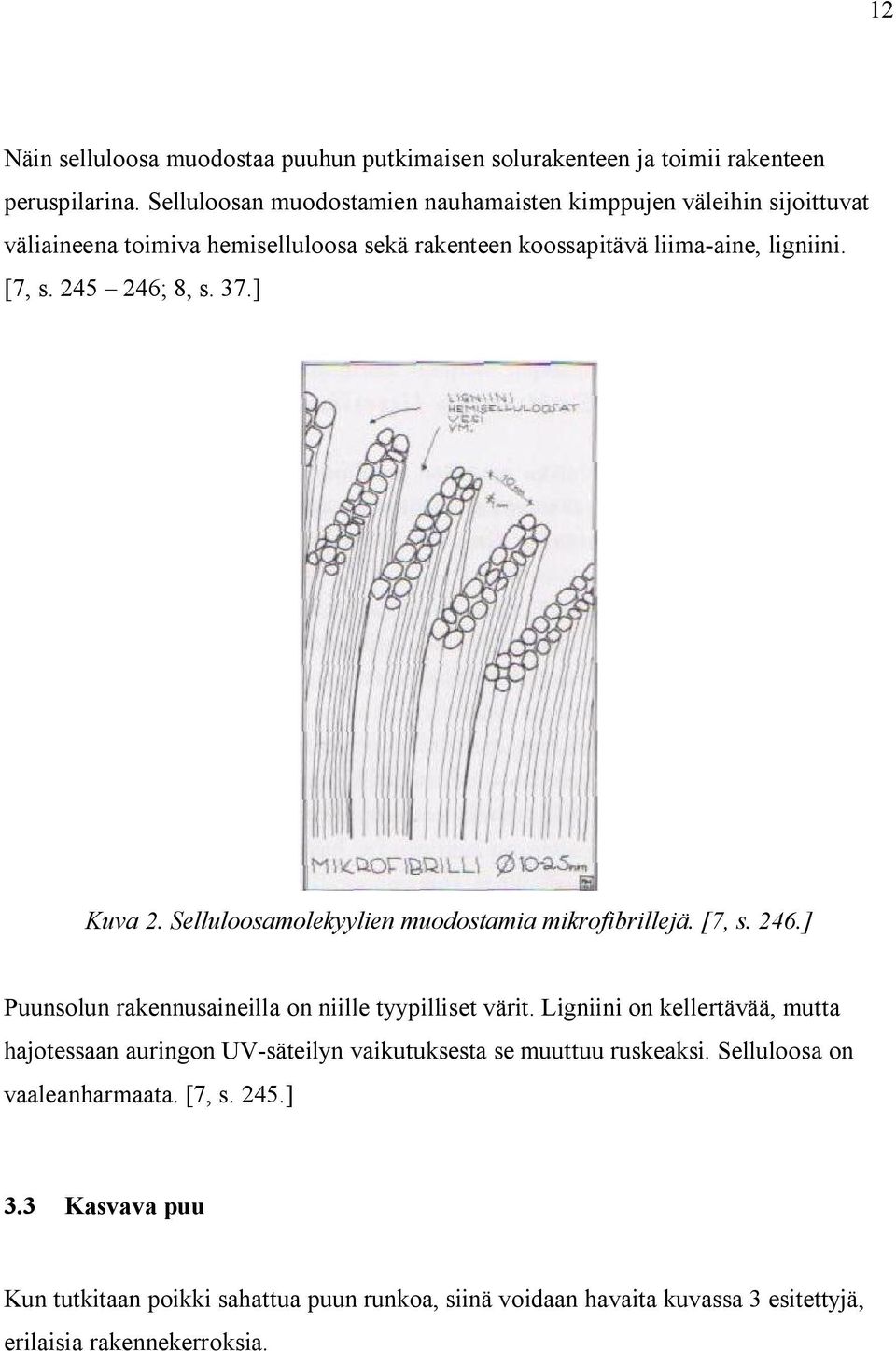 245 246; 8, s. 37.] Kuva 2. Selluloosamolekyylien muodostamia mikrofibrillejä. [7, s. 246.] Puunsolun rakennusaineilla on niille tyypilliset värit.