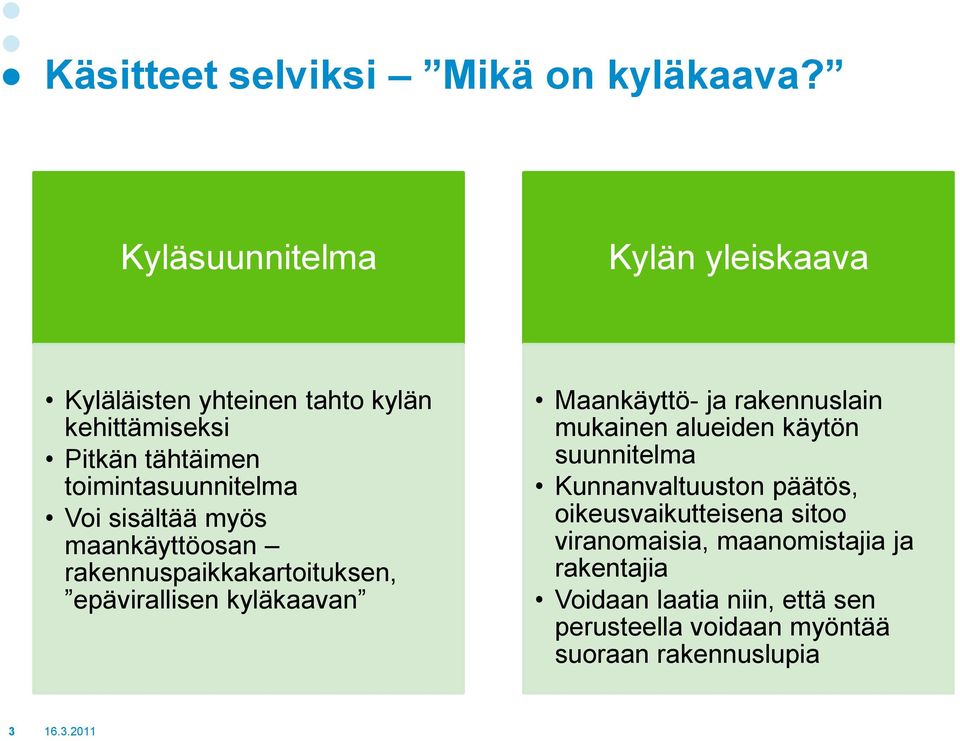 Voi sisältää myös maankäyttöosan rakennuspaikkakartoituksen, epävirallisen kyläkaavan Maankäyttö- ja rakennuslain