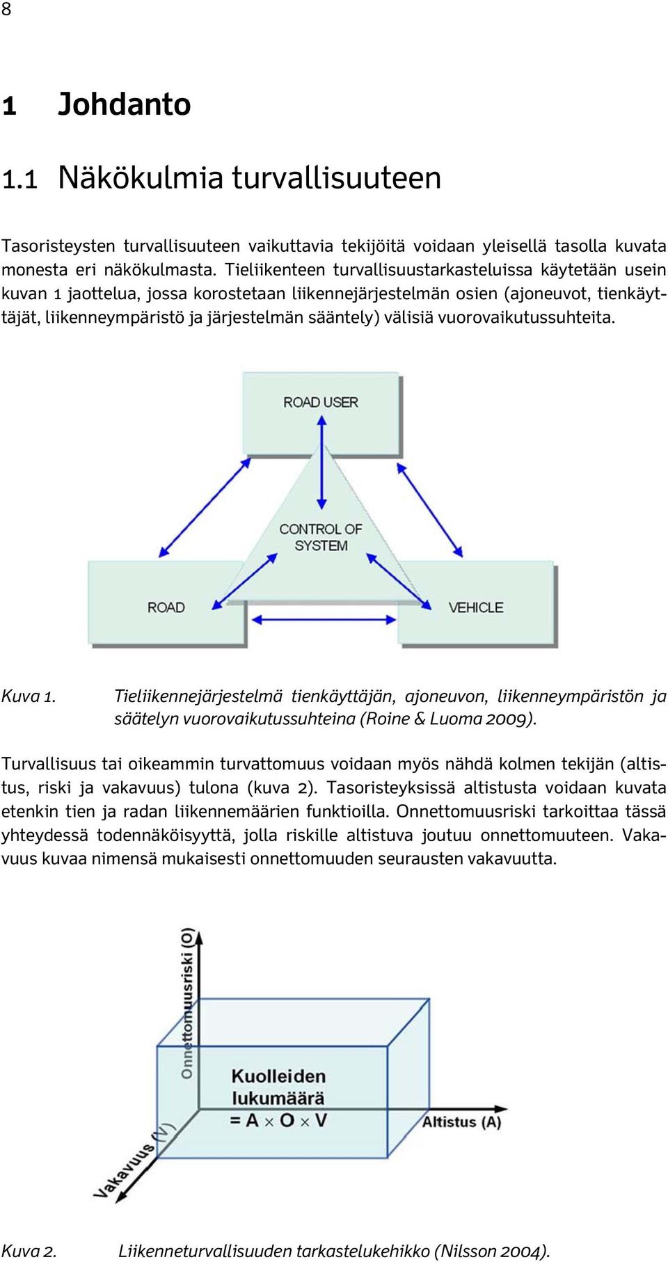 vuorovaikutussuhteita. Kuva 1. Tieliikennejärjestelmä tienkäyttäjän, ajoneuvon, liikenneympäristön ja säätelyn vuorovaikutussuhteina (Roine & Luoma 2009).