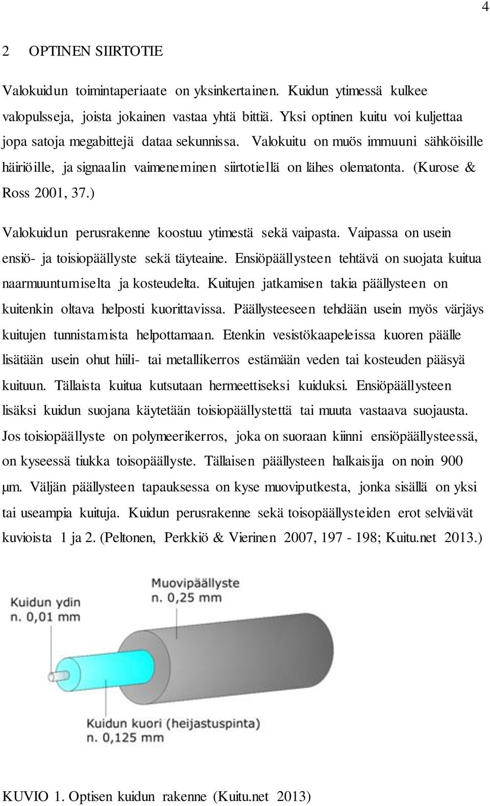 (Kurose & Ross 2001, 37.) Valokuidun perusrakenne koostuu ytimestä sekä vaipasta. Vaipassa on usein ensiö- ja toisiopäällyste sekä täyteaine.