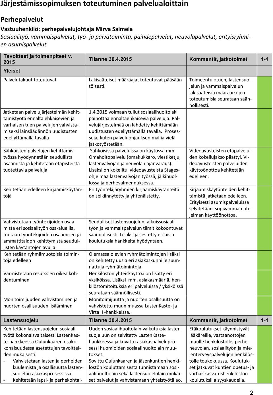 2015 Yleiset Palvelutakuut toteutuvat Jatketaan palvelujärjestelmän kehittämistyötä ennalta ehkäisevien ja varhaisen tuen palvelujen vahvistamiseksi lainsäädännön uudistusten edellyttämällä tavalla