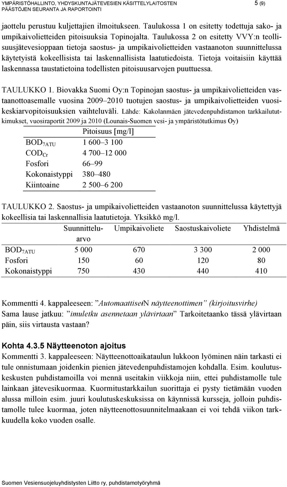 Tietoja voitaisiin käyttää laskennassa taustatietoina todellisten pitoisuusarvojen puuttuessa. TAULUKKO 1.