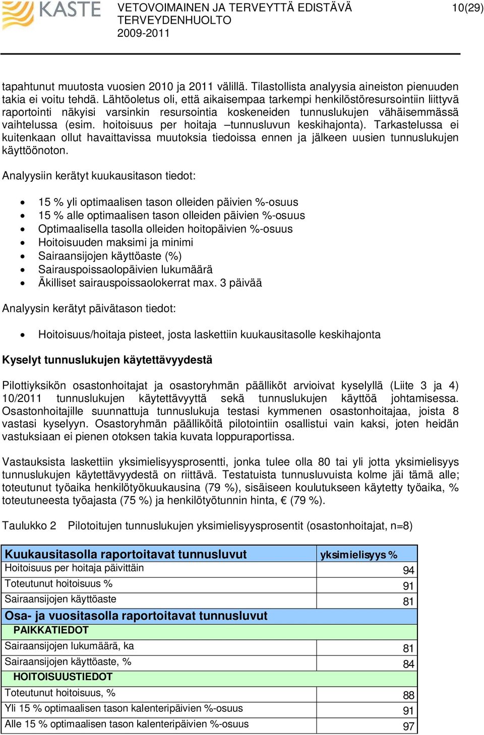 hoitoisuus per hoitaja tunnusluvun keskihajonta). Tarkastelussa ei kuitenkaan ollut havaittavissa muutoksia tiedoissa ennen ja jälkeen uusien tunnuslukujen käyttöönoton.