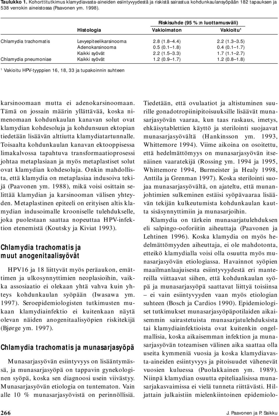 2 (1.5 3.3) 1.7 (1.1 2.7) Chlamydia pneumoniae Kaikki syövät 1.2 (0.9 1.7) 1.2 (0.8 1.8) 1 Vakioitu HPV-tyyppien 16, 18, 33 ja tupakoinnin suhteen karsinoomaan mutta ei adenokarsinoomaan.