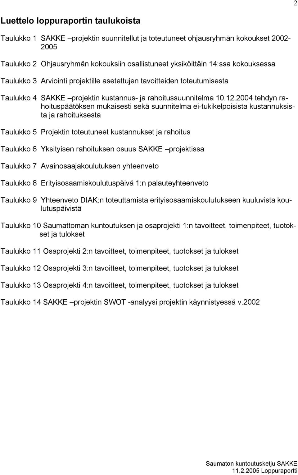 2004 tehdyn rahoituspäätöksen mukaisesti sekä suunnitelma ei-tukikelpoisista kustannuksista ja rahoituksesta Taulukko 5 Projektin toteutuneet kustannukset ja rahoitus Taulukko 6 Yksityisen