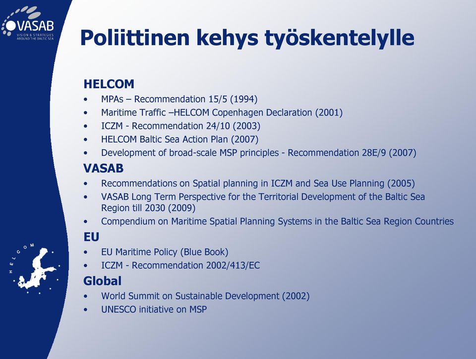 Planning (2005) VASAB Long Term Perspective for the Territorial Development of the Baltic Sea Region till 2030 (2009) Compendium on Maritime Spatial Planning Systems in