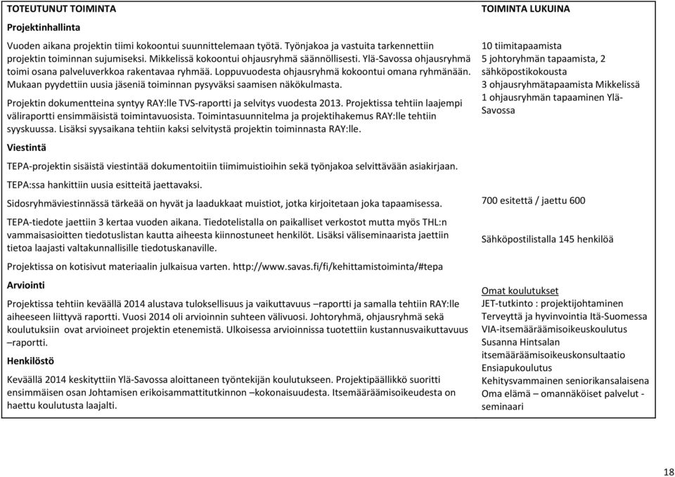 Mukaan pyydettiin uusia jäseniä toiminnan pysyväksi saamisen näkökulmasta. Projektin dokumentteina syntyy RAY:lle TVS-raportti ja selvitys vuodesta 2013.