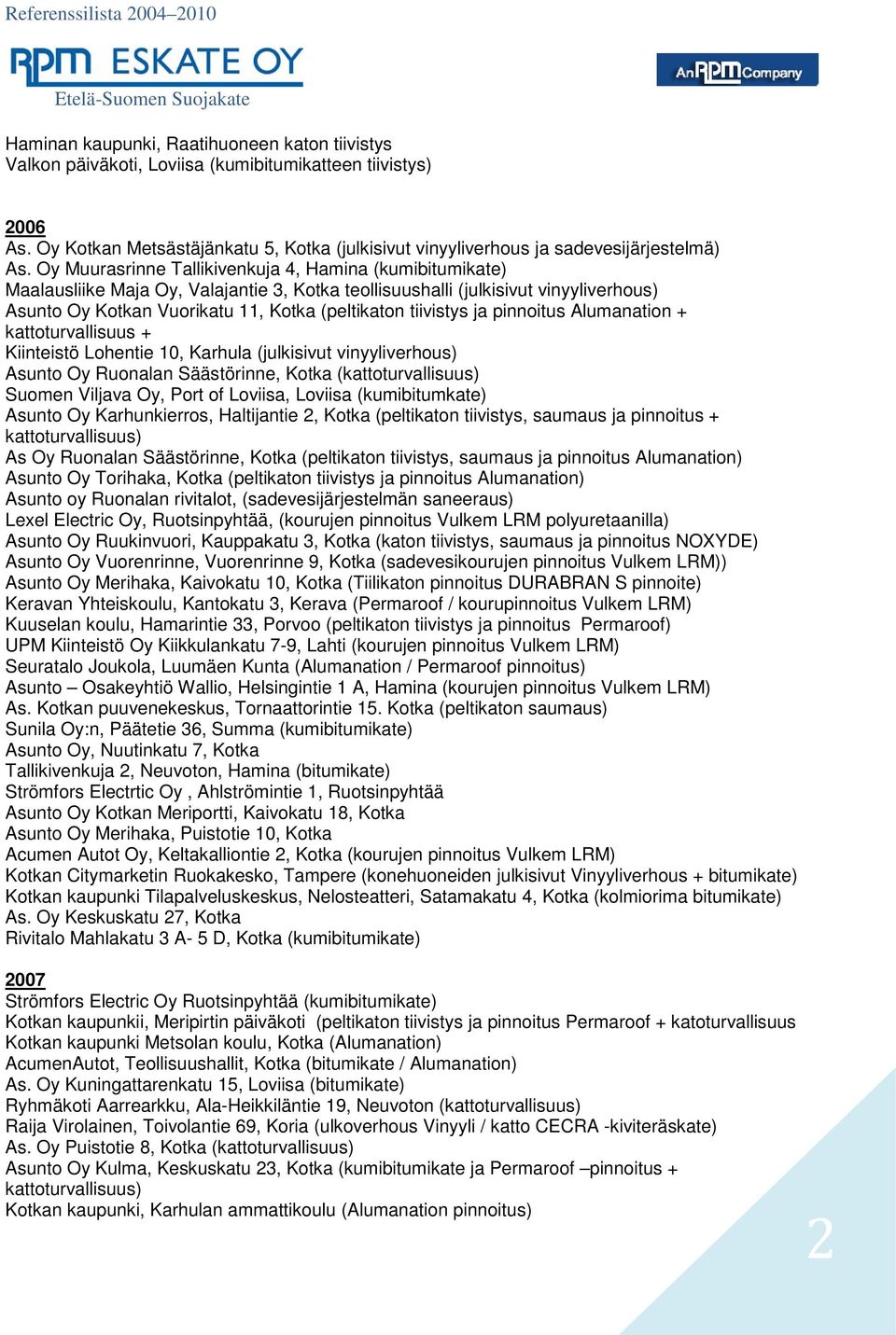 Oy Muurasrinne Tallikivenkuja 4, Hamina (kumibitumikate) Maalausliike Maja Oy, Valajantie 3, Kotka teollisuushalli (julkisivut vinyyliverhous) Asunto Oy Kotkan Vuorikatu 11, Kotka (peltikaton