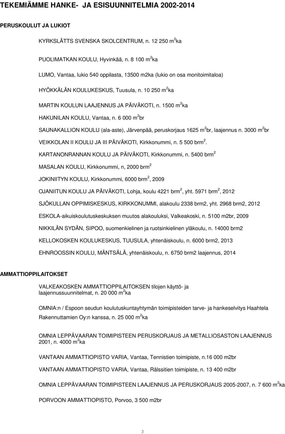 1500 m 2 ka HAKUNILAN KOULU, Vantaa, n. 6 000 m 2 br SAUNAKALLION KOULU (ala-aste), Järvenpää, peruskorjaus 1625 m 2 br, laajennus n. 3000 m 2 br VEIKKOLAN II KOULU JA III PÄIVÄKOTI, Kirkkonummi, n.