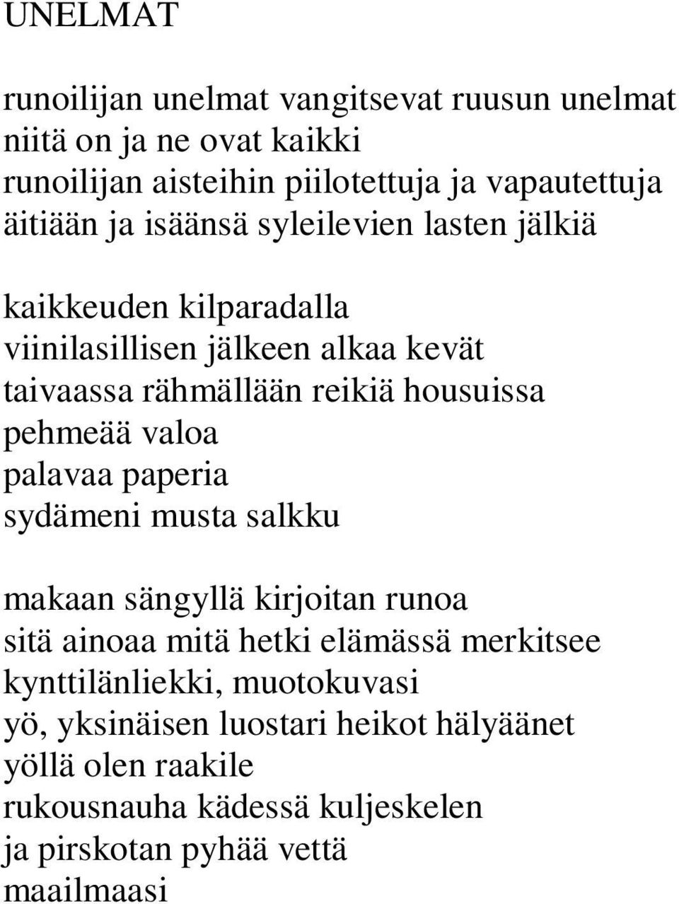 pehmeää valoa palavaa paperia sydämeni musta salkku makaan sängyllä kirjoitan runoa sitä ainoaa mitä hetki elämässä merkitsee