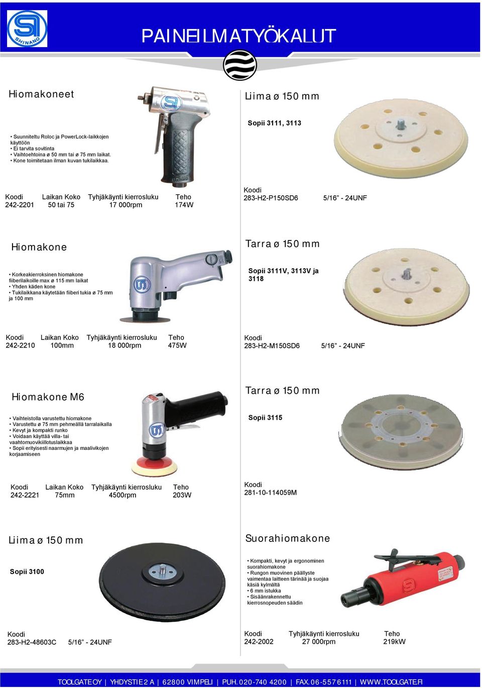 käden kone Tukilaikkana käytetään fiiberi tukia ø 75 mm ja 100 mm Sopii 3111V, 3113V ja 3118 Laikan Koko Tyhjäkäynti kierrosluku Teho 242-2210 100mm 18 000rpm 475W 283-H2-M150SD6 5/16-24UNF Hiomakone