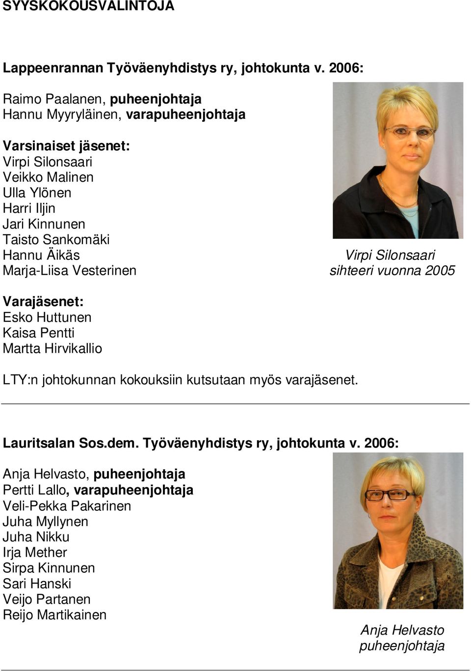 Sankomäki Hannu Äikäs Virpi Silonsaari Marja-Liisa Vesterinen sihteeri vuonna 2005 Varajäsenet: Esko Huttunen Kaisa Pentti Martta Hirvikallio LTY:n johtokunnan kokouksiin