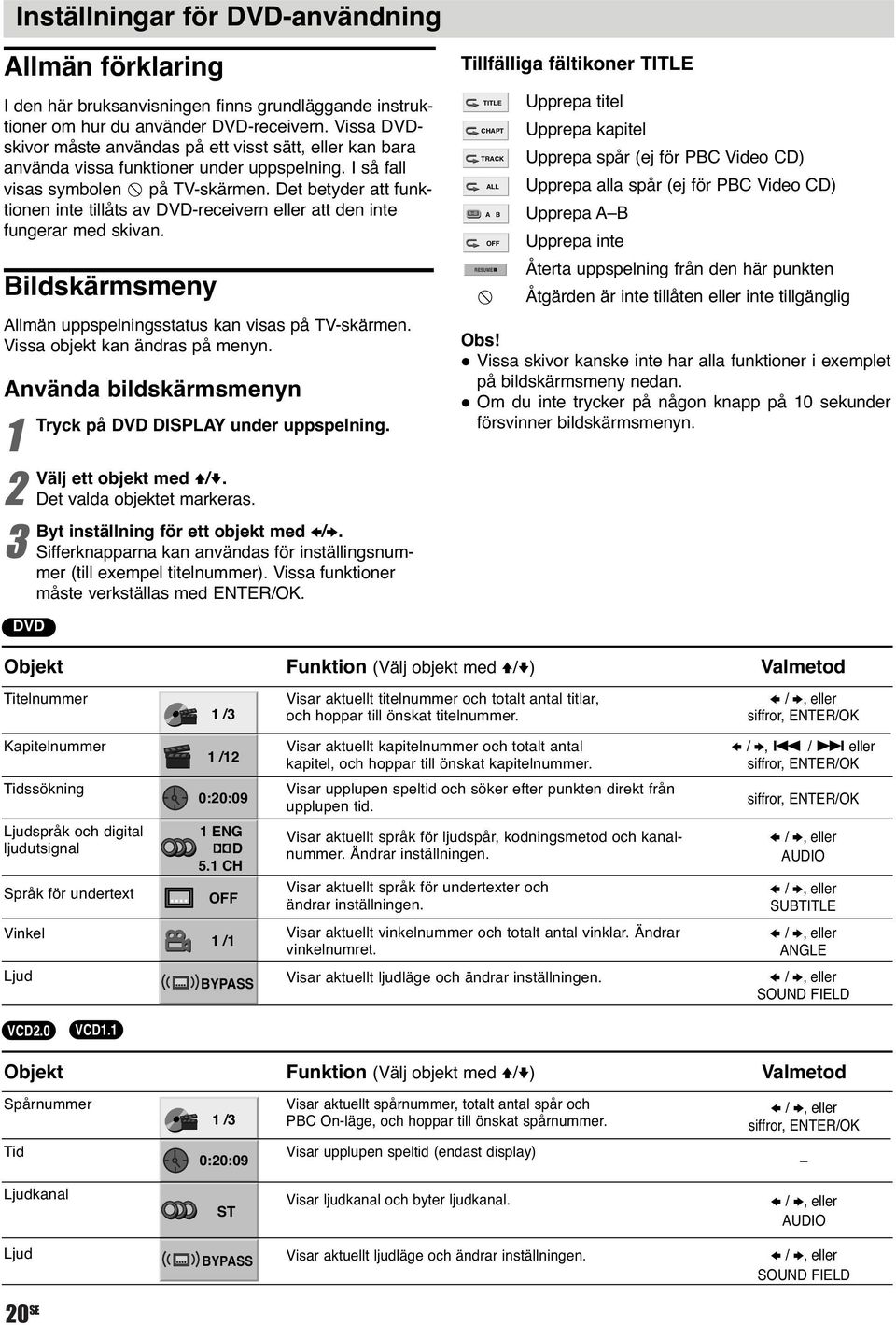 Det betyder att funktionen inte tillåts av DVD-receivern eller att den inte fungerar med skivan. Bildskärmsmeny Allmän uppspelningsstatus kan visas på TV-skärmen. Vissa objekt kan ändras på menyn.