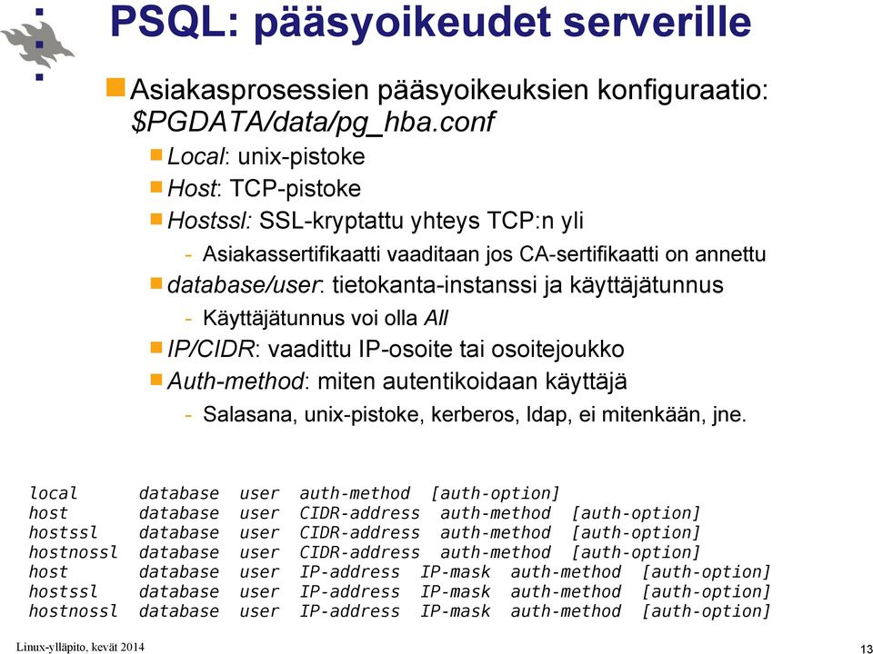 käyttäjätunnus - Käyttäjätunnus voi olla All IP/CIDR: vaadittu IP-osoite tai osoitejoukko Auth-method: miten autentikoidaan käyttäjä - Salasana, unix-pistoke, kerberos, ldap, ei mitenkään, jne.